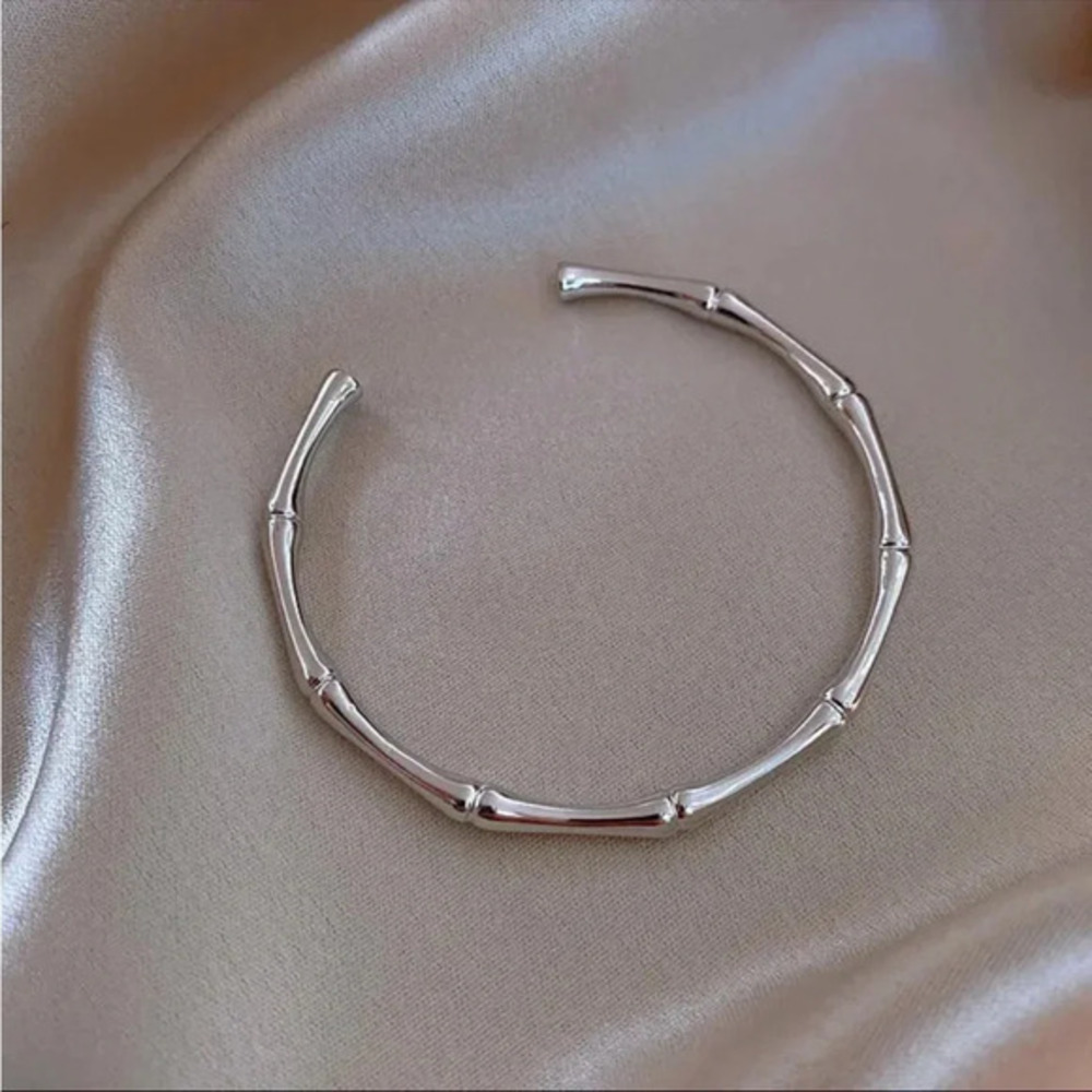 Silver Bamboo Style Open Cuff Bracelet Minimalist Stackable Bangle NWT